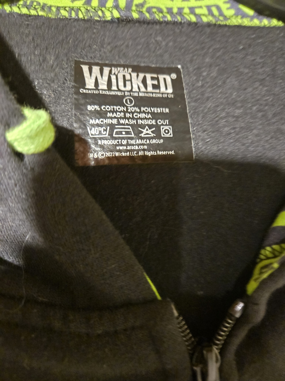 Disney Wicked Black Zip-Up Hoodie with Lime Green Accents. - Picture 3 of 5